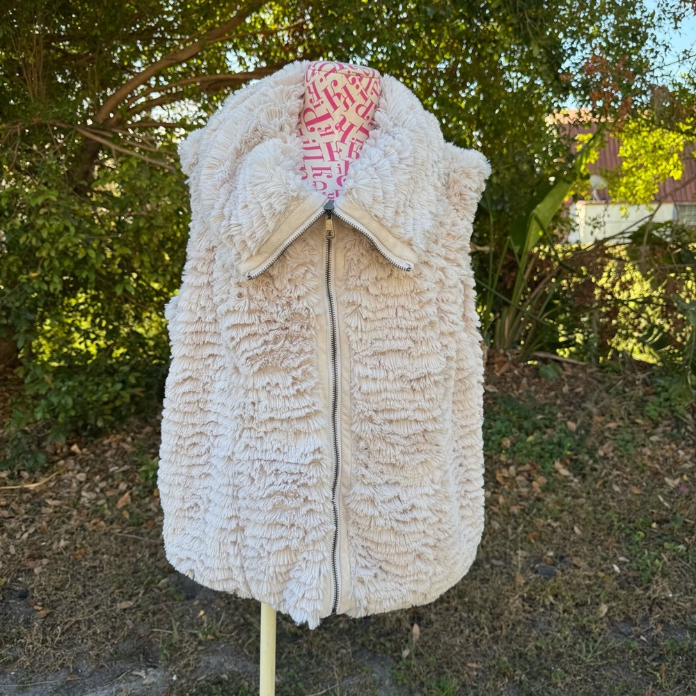 FEVER Faux Fur Zip Front Soft‎ Shaggy Cowl Neck Vest Ivory Lined Pockets Size L